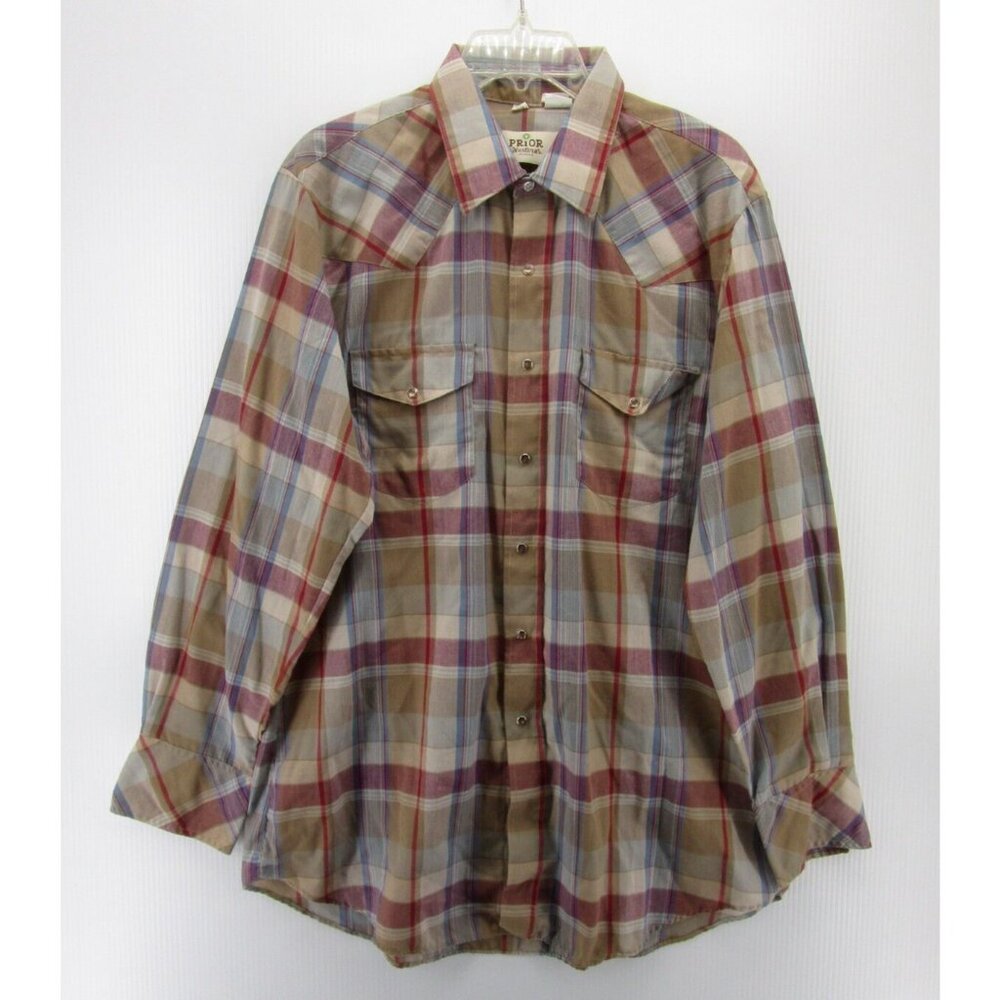 VINTAGE Prior Western Shirt 17 Pearl Snap Plaid Rodeo Cowboy USA XL